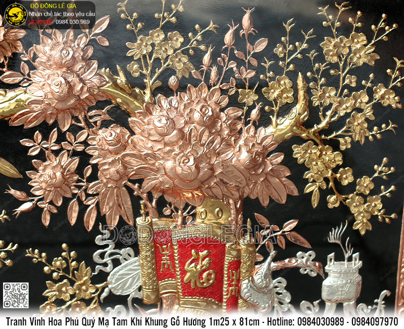 Tranh Vinh Hoa Phú Quý Mạ Tam Khí Khung Gỗ Hương 1m25,5 x 81,5cm