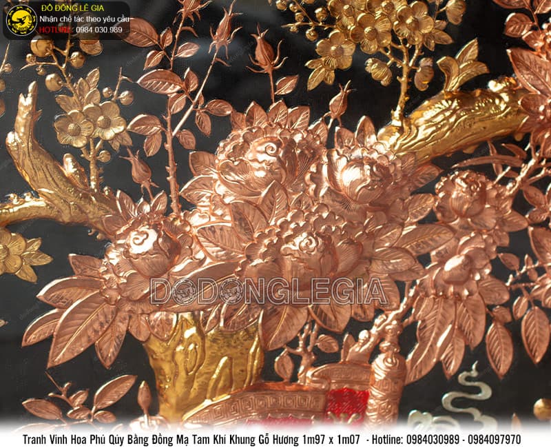 Tranh Vinh Hoa Phú Quý mạ tam khí khung gỗ hương 1m97x1m07