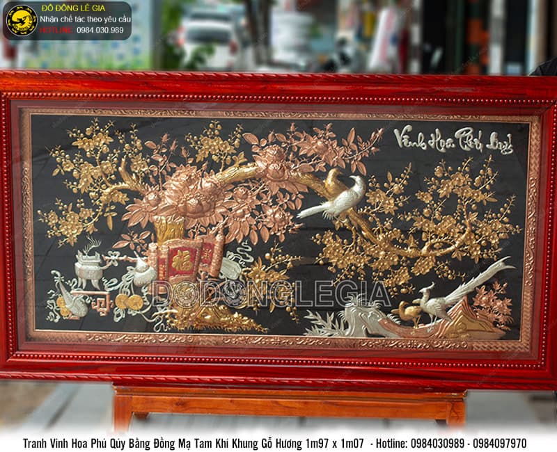 Tranh Vinh Hoa Phú Quý mạ tam khí khung gỗ hương 1m97x1m07