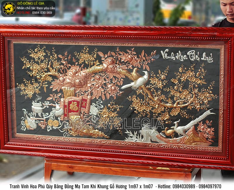 Tranh Vinh Hoa Phú Quý mạ tam khí khung gỗ hương 1m97x1m07