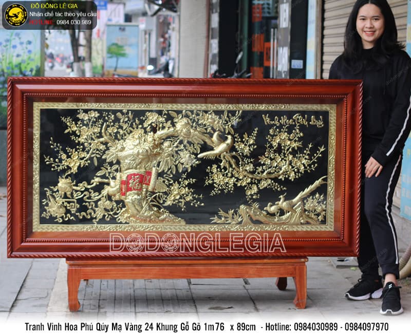 Tranh vinh hoa phú quý mạ vàng 24k khung gỗ gõ 1m76x86cm