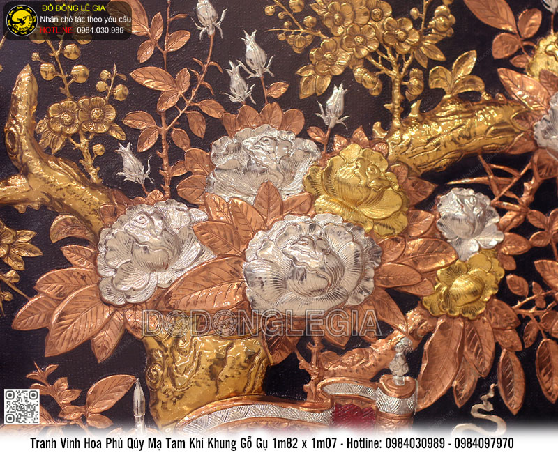 Tranh Vinh Hoa Phú Quý mạ tam khí khung gỗ gụ 1m82 x 1m07