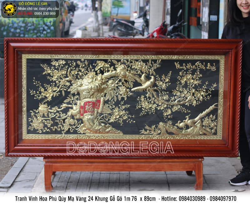 Tranh vinh hoa phú quý mạ vàng 24k khung gỗ gõ 1m76x86cm