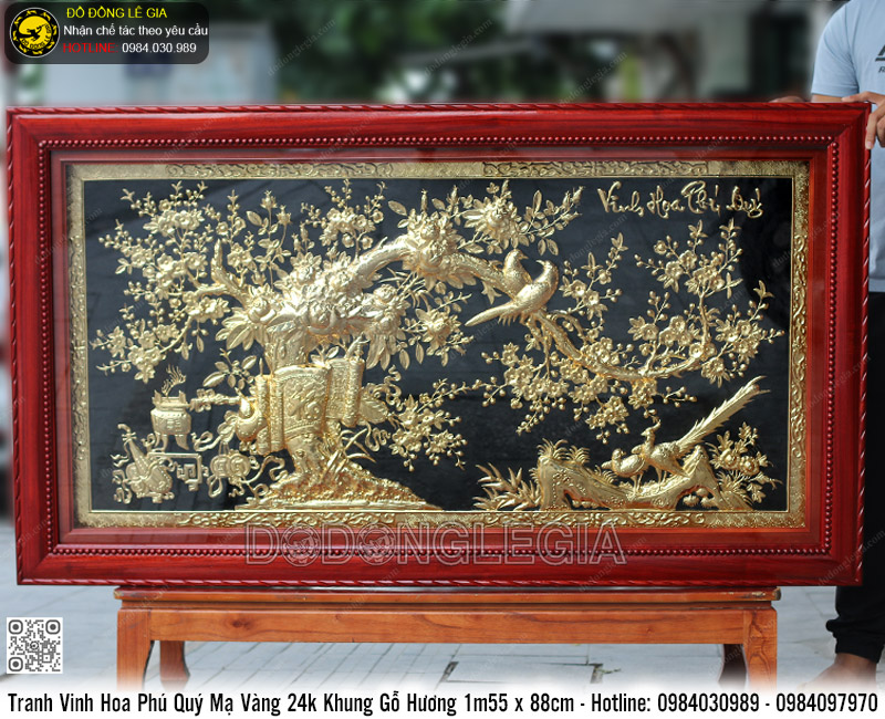 Tranh Vinh Hoa Phú Quý Mạ Vàng 24k Khung Gỗ Hương 1m55 x 88cm