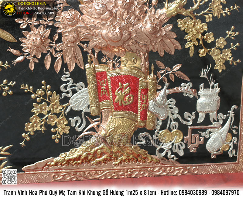Tranh Vinh Hoa Phú Quý Mạ Tam Khí Khung Gỗ Hương 1m25,5 x 81,5cm