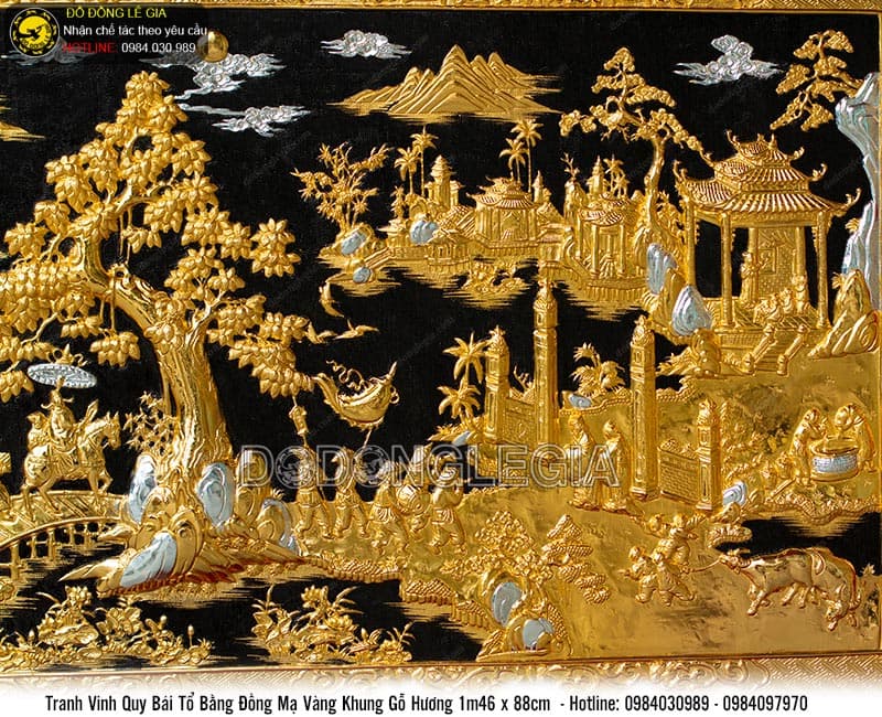 Tranh Vinh Quy Bái Tổ mạ vàng bạc khung gỗ hương 1m46x88cm