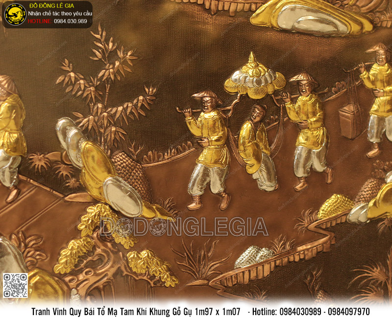 Tranh Vinh Quy Bái Tổ mạ tam khí khung gỗ gụ 1m97 x 1m07