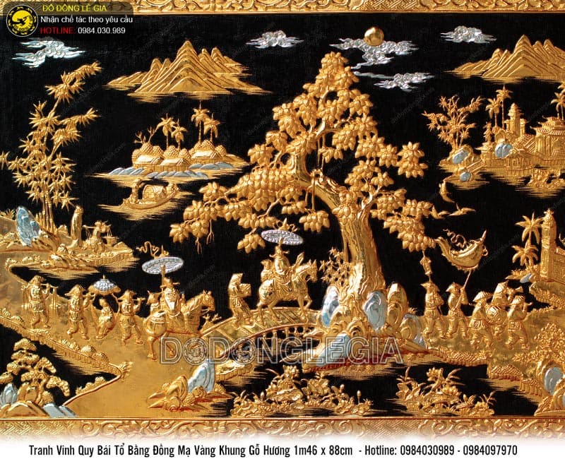 Tranh Vinh Quy Bái Tổ mạ vàng bạc khung gỗ hương 1m46x88cm