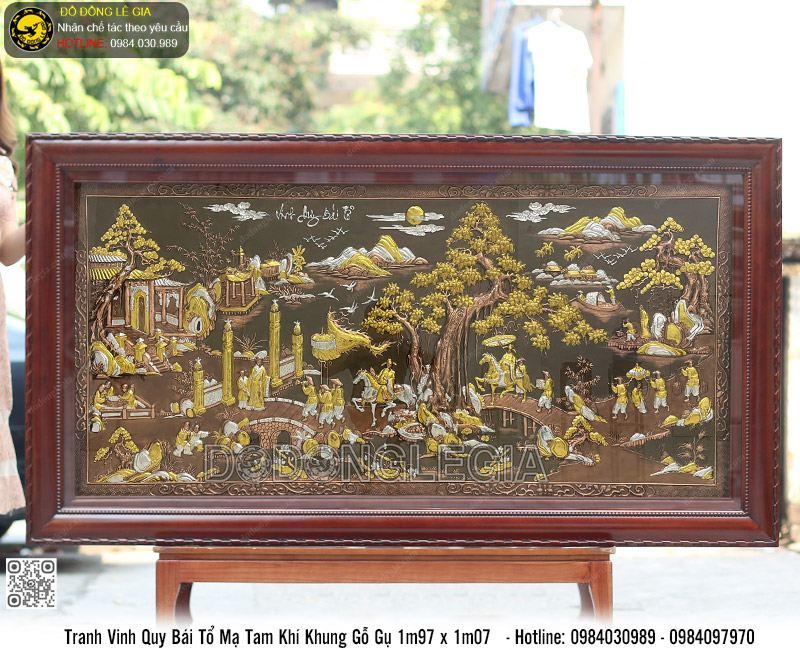 Tranh Vinh Quy Bái Tổ mạ tam khí khung gỗ gụ 1m97 x 1m07