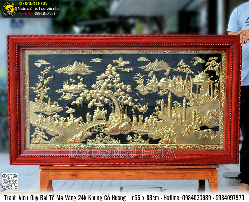 Tranh Vinh Quy Bái Tổ Mạ Vàng 24k Khung Gỗ Hương 1m55 x 88cm