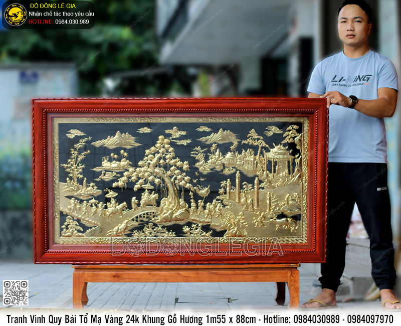 Tranh Vinh Quy Bái Tổ Mạ Vàng 24k Khung Gỗ Hương 1m55 x 88cm