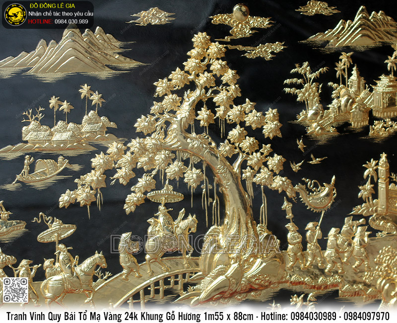 Tranh Vinh Quy Bái Tổ Mạ Vàng 24k Khung Gỗ Hương 1m55 x 88cm