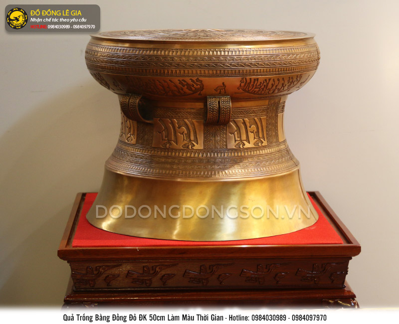 Trống đồng đường kính 50cm hoa văn chìm màu thời gian
