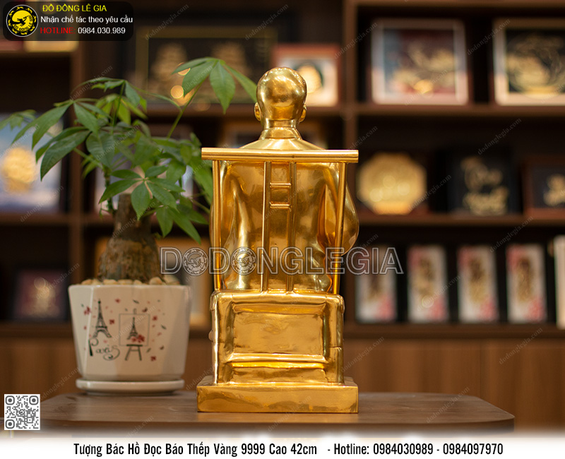 Tượng Bác Hồ ngồi ghế mây cao 42cm thếp vàng 9999
