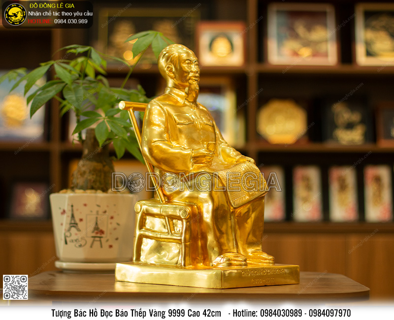 Tượng Bác Hồ ngồi ghế mây cao 42cm thếp vàng 9999