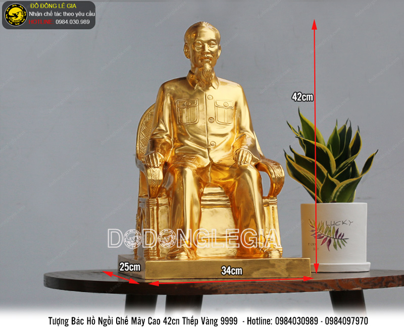 Tượng Bác Hồ ngồi ghế mây thếp vàng 9999 cao 42cm