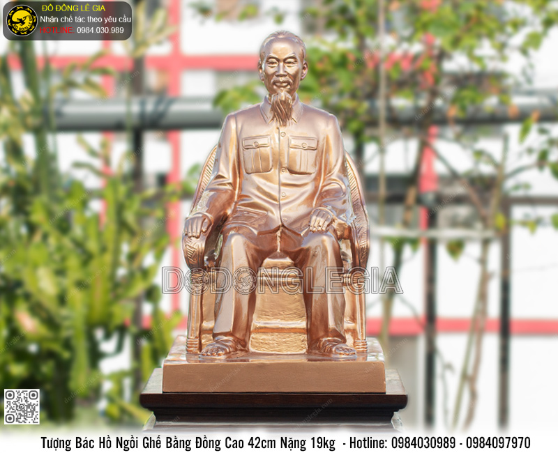 Tượng Bác Hồ ngồi ghế cao 42cm bằng đồng đỏ