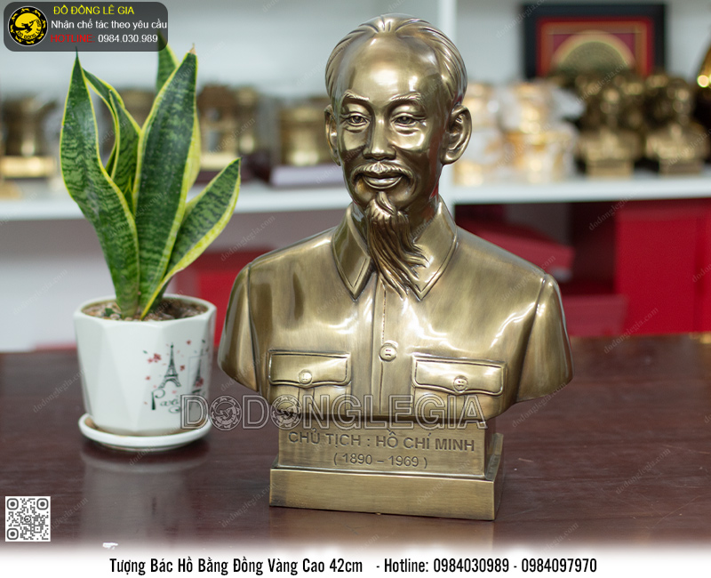 Tượng bác hồ bằng đồng vàng 42cm