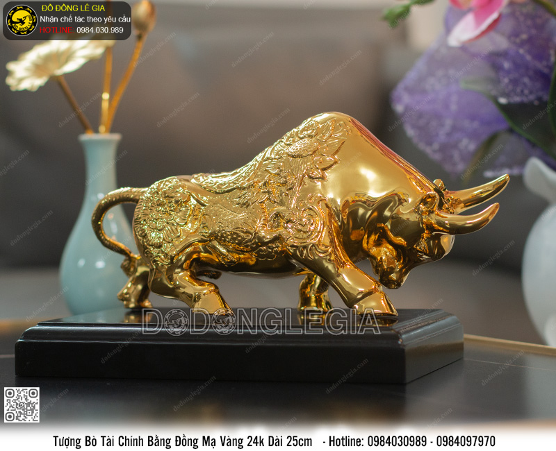 Tượng Bò Tài Chính Bằng Đồng Mạ Vàng 24k Dài 25cm