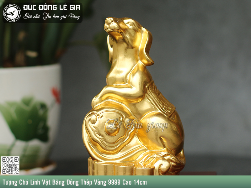 Tượng Chó Linh Vật Bằng Đồng Thếp Vàng 9999 Cao 14cm