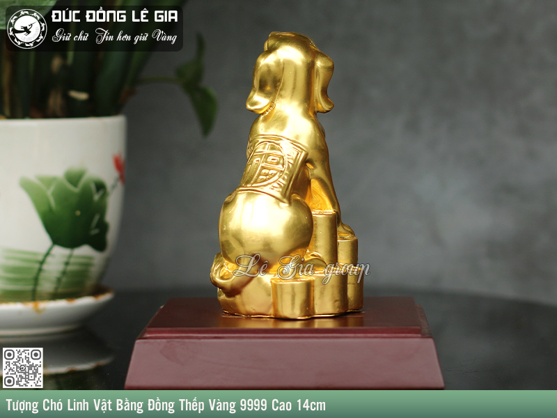 Tượng Chó Linh Vật Bằng Đồng Thếp Vàng 9999 Cao 14cm