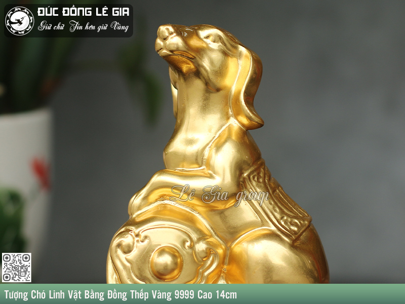 Tượng Chó Linh Vật Bằng Đồng Thếp Vàng 9999 Cao 14cm