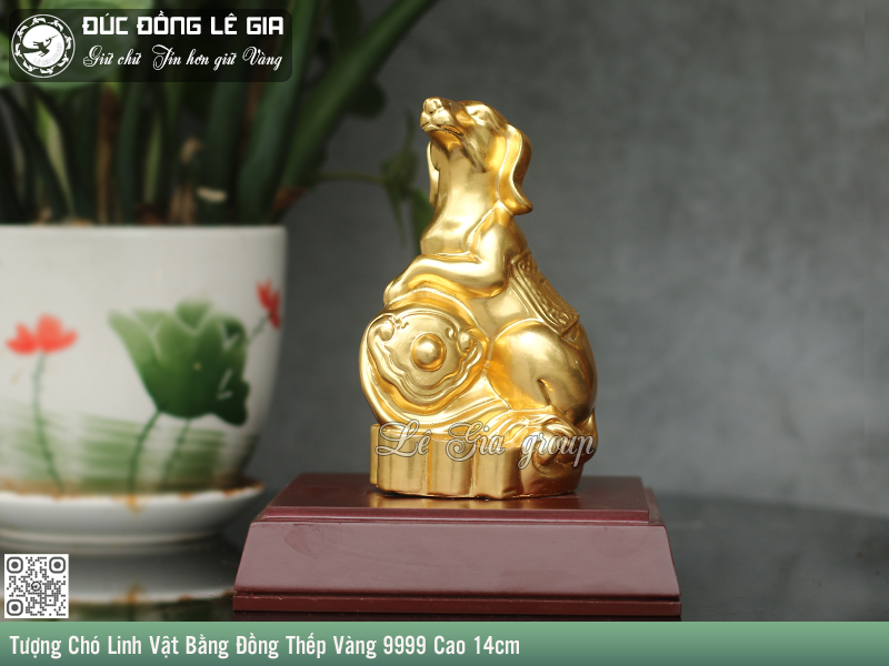 Tượng Chó Linh Vật Bằng Đồng Thếp Vàng 9999 Cao 14cm