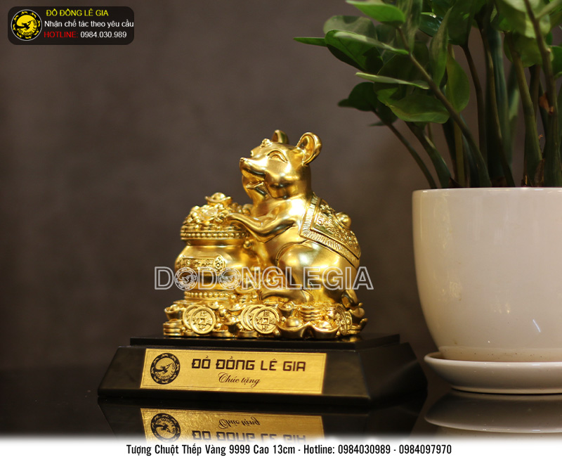Tượng linh vật chuột bằng đồng thếp vàng 9999