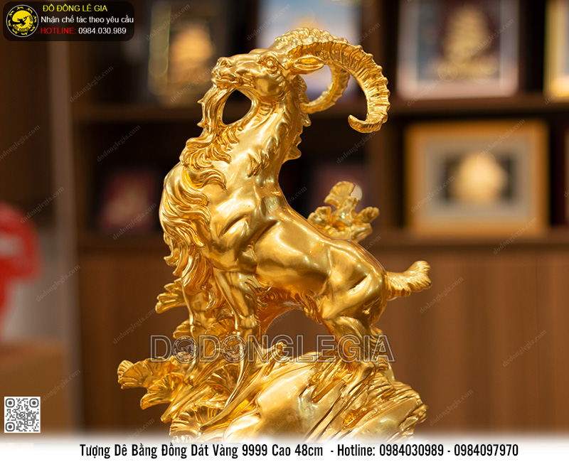 Tượng Dê Đứng Núi Đá bằng đồng dát vàng 9999 cao 48cm