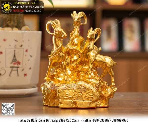Tượng Tam Dê bằng đồng dát vàng 9999 cao 20cm