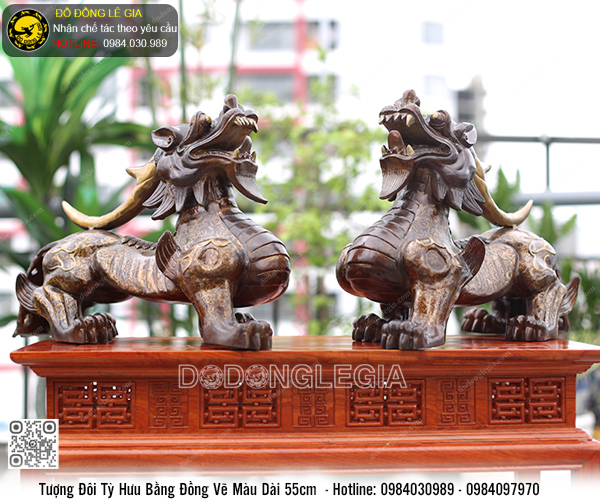 Tượng Tỳ Hưu bằng đồng vẽ màu dài 55cm