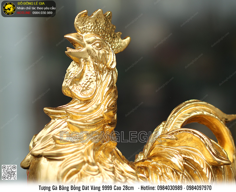 TƯỢNG GÀ BẰNG ĐỒNG DÁT VÀNG 9999 CAO 28CM