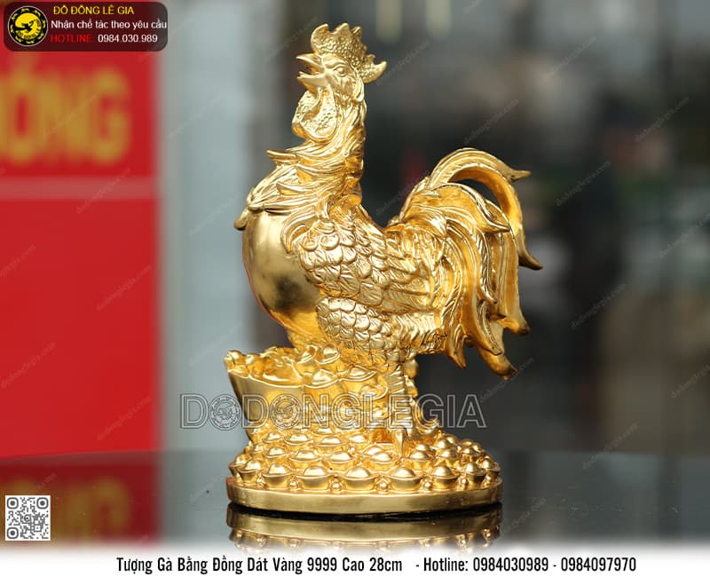 TƯỢNG GÀ BẰNG ĐỒNG DÁT VÀNG 9999 CAO 28CM