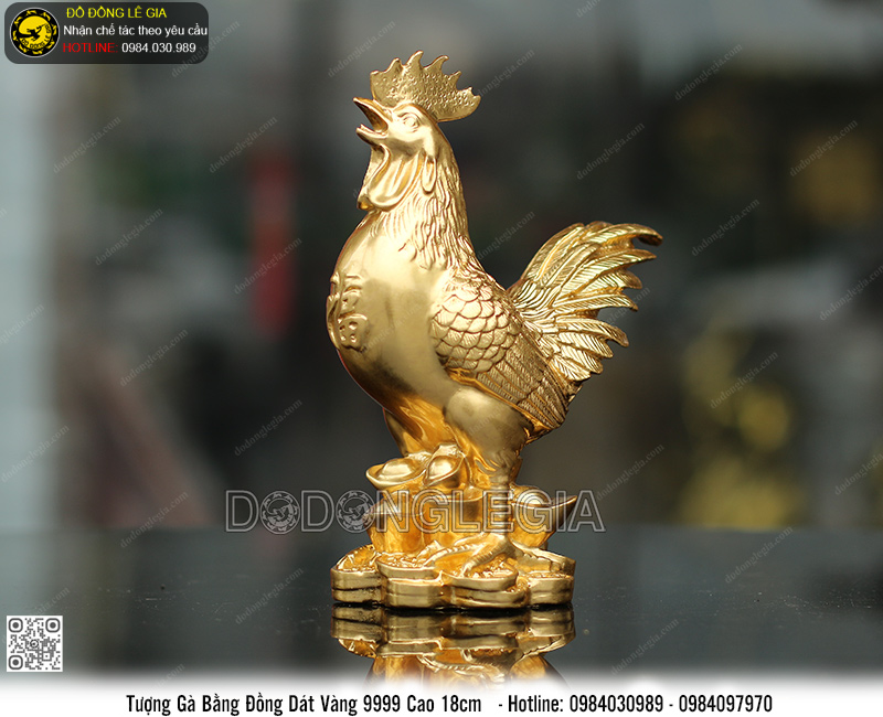 Tượng Gà bằng đồng dát vàng 9999 cao 18cm