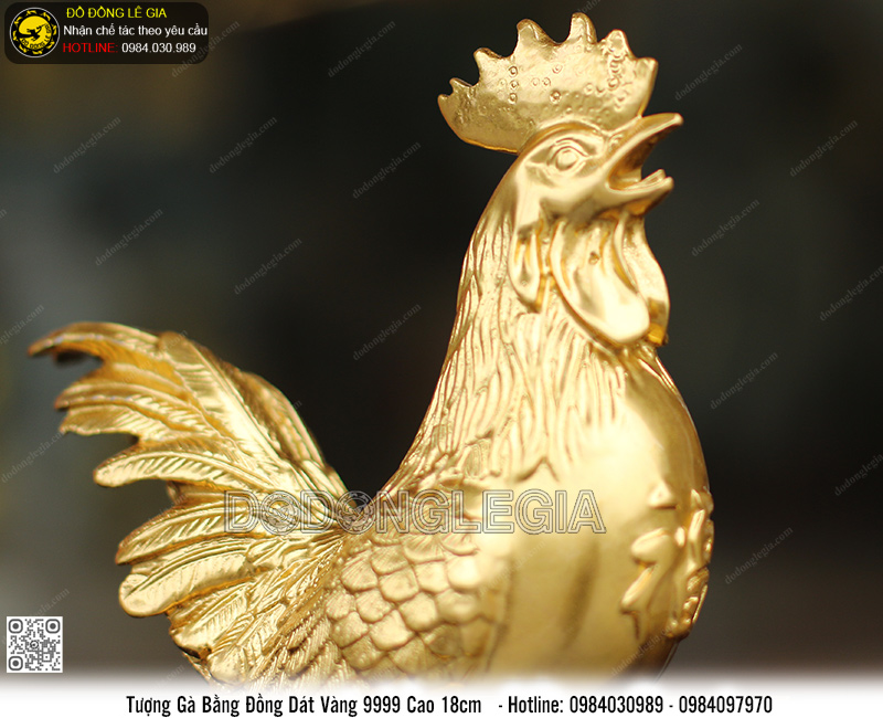 Tượng Gà bằng đồng dát vàng 9999 cao 18cm
