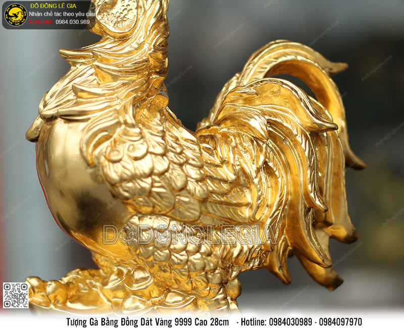 TƯỢNG GÀ BẰNG ĐỒNG DÁT VÀNG 9999 CAO 28CM