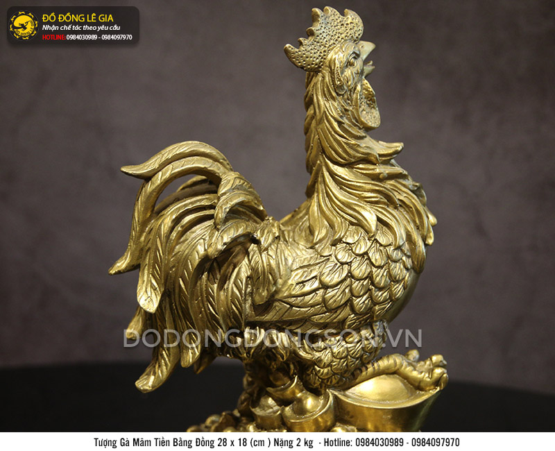Tượng gà mâm tiền bằng đồng vàng thau