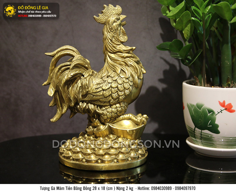 Tượng gà mâm tiền bằng đồng vàng thau