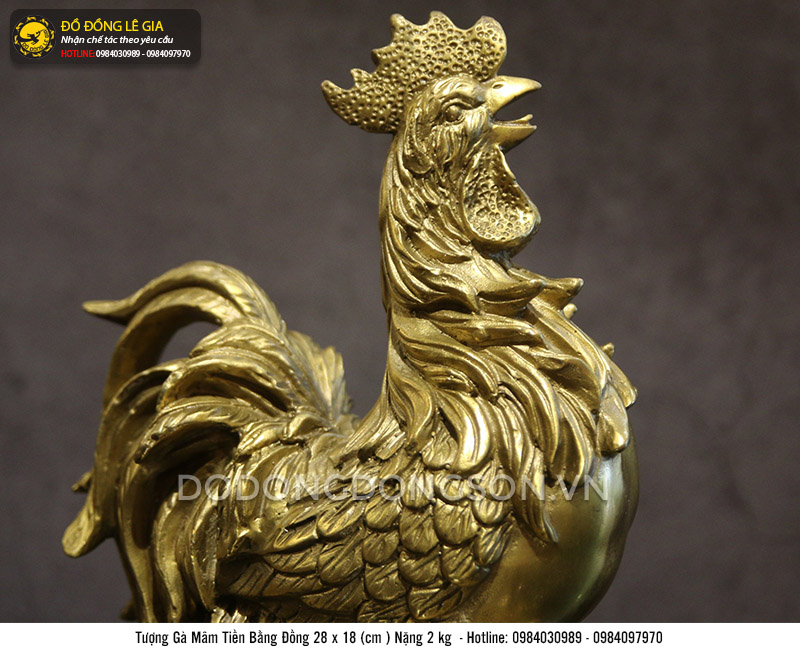 Tượng gà mâm tiền bằng đồng vàng thau