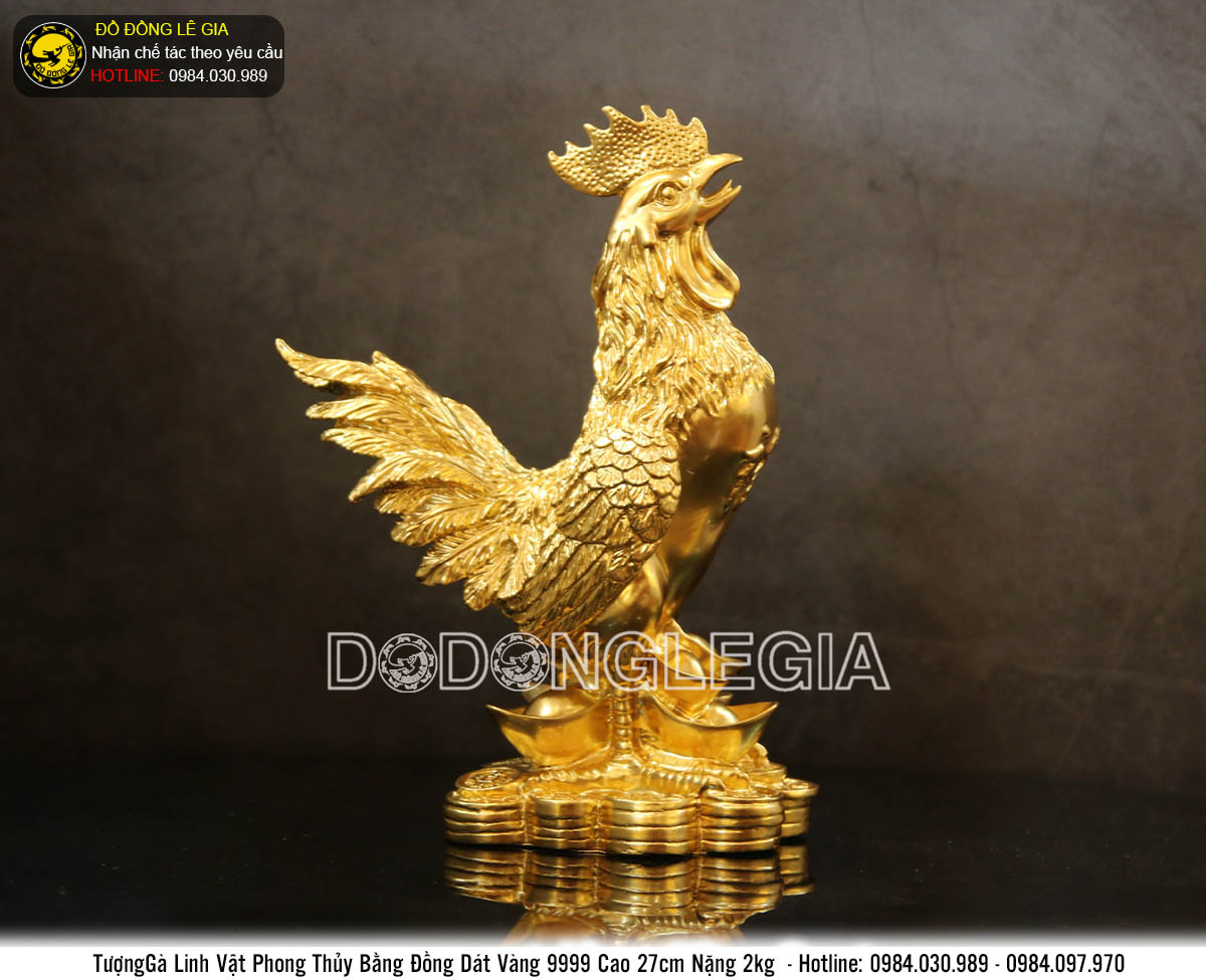 Tượng linh vật Gà bằng đồng thếp vàng 9999