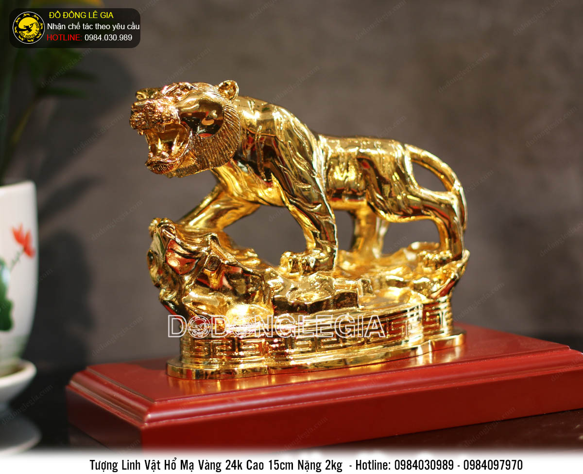 Tượng linh vật hổ bằng đồng mạ vàng 24k dài 16.5cm