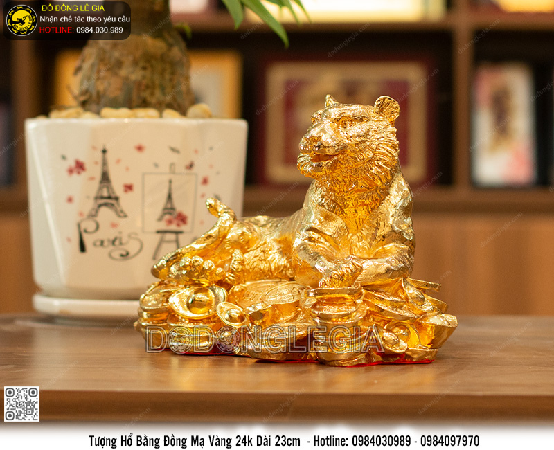 Tượng Hổ Nằm Núi Vàng mạ vàng 24k dài 23cm