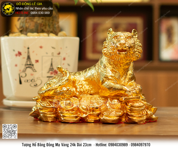 Tượng Hổ Nằm Núi Vàng mạ vàng 24k dài 23cm