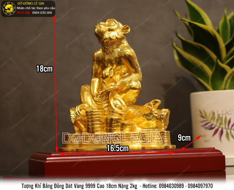 Tượng khỉ tài lộc bằng đồng thếp vàng 9999 