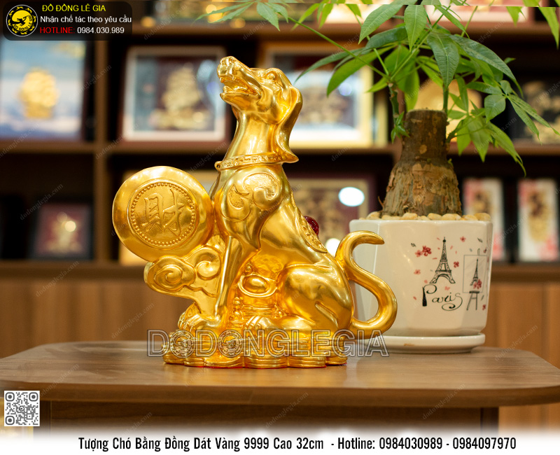 Tượng linh vật Tuất bằng đồng dát vàng 9999 cao 32cm