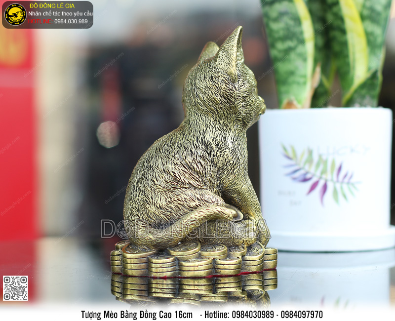 Tượng mèo phú quý bằng đồng 16x11x10cm