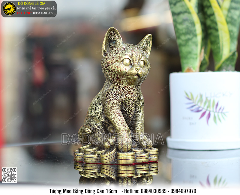 Tượng mèo phú quý bằng đồng 16x11x10cm