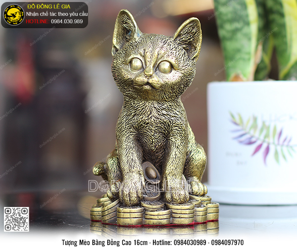 Tượng mèo phú quý bằng đồng 16x11x10cm