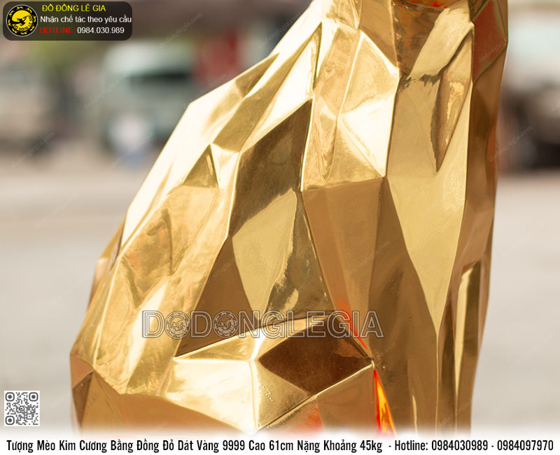 Tượng Mèo Kim Cương bằng đồng đỏ dát vàng 9999 cao 61cm