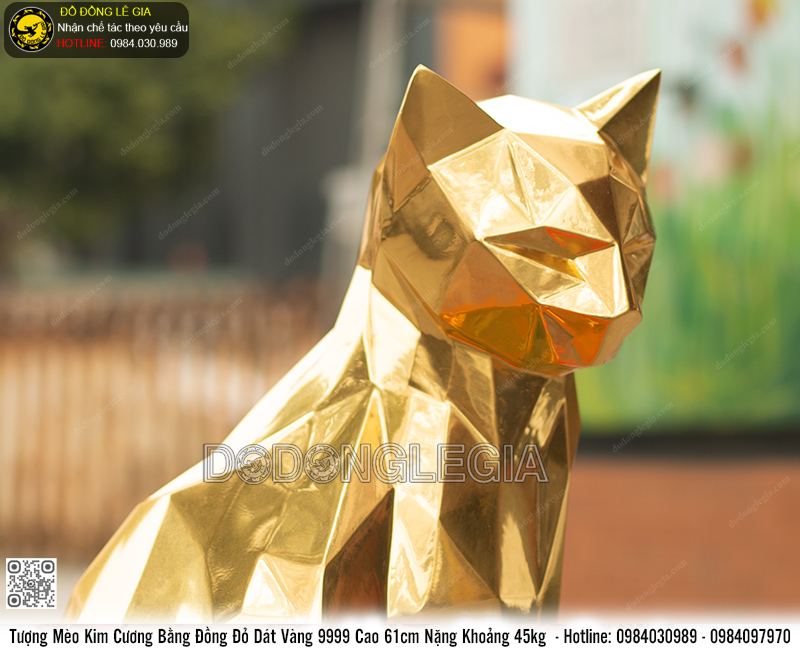 Tượng Mèo Kim Cương bằng đồng đỏ dát vàng 9999 cao 61cm